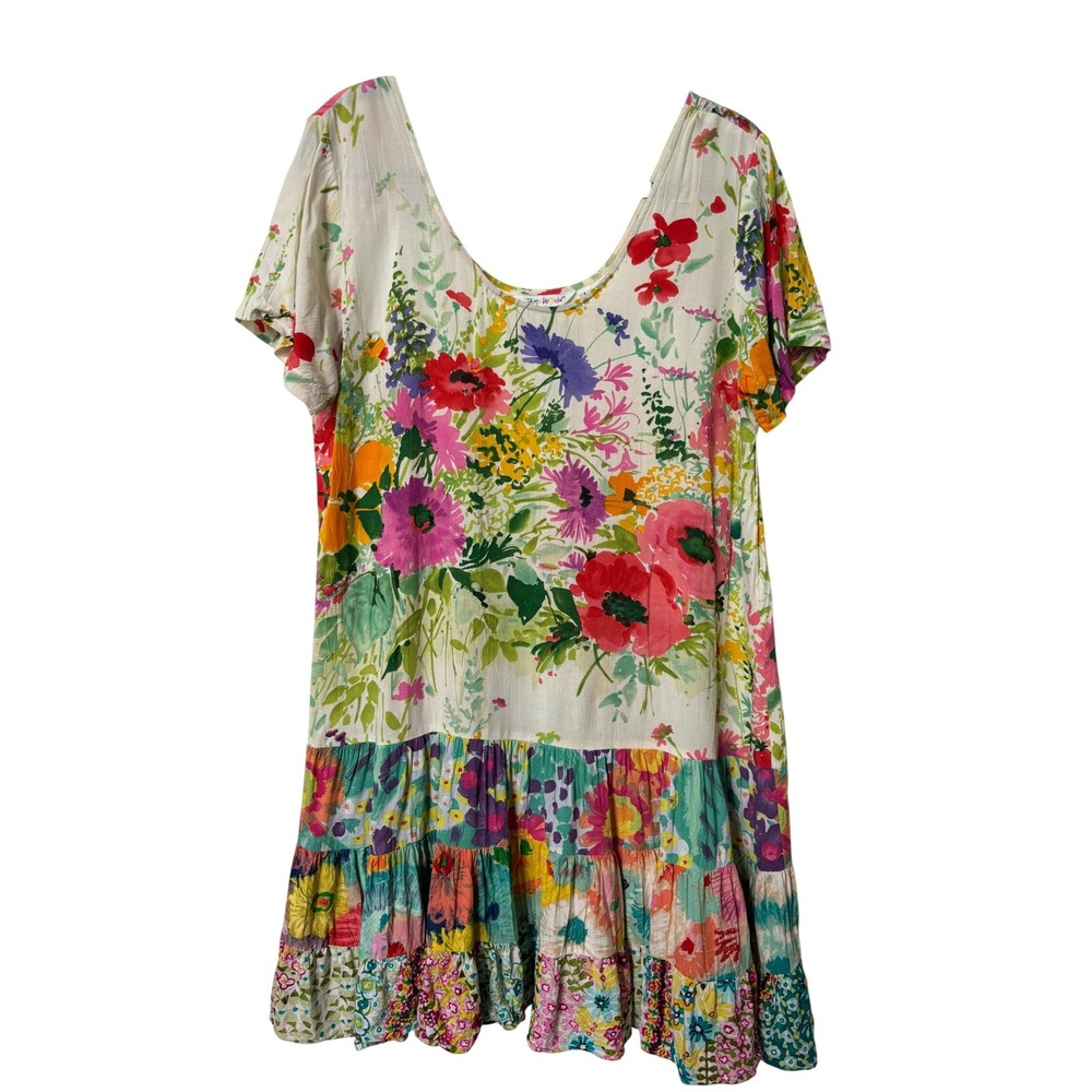 Jams World Floral Babydoll Mini Dress Multicolor Tiered Ruffle Short Sleeve L